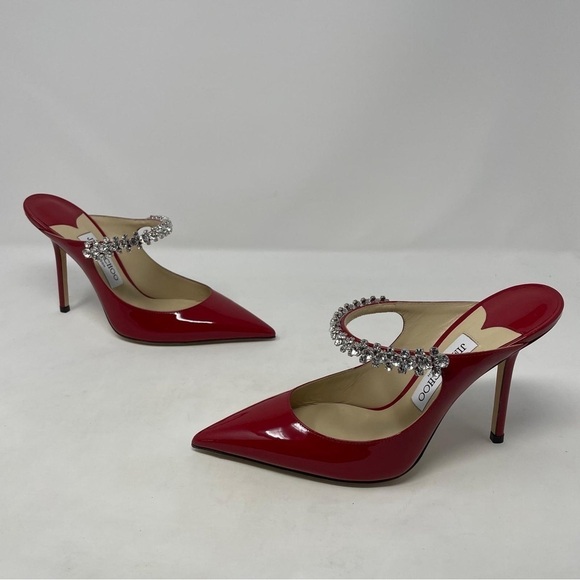 Jimmy Choo Bing 100 Red Patent Leather Heeled Mules with Crystal Strap NWT - Picture 11 of 16